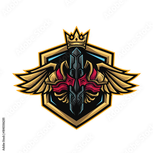 Majestic gothic fantasy coat of arms logo featuring a crown, winged sword, and powerful medieval symbolism.