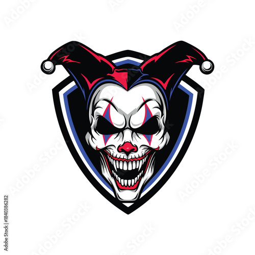 Scary and aggressive grinning clown face mascot logo with sharp teeth and traditional jester hat design.