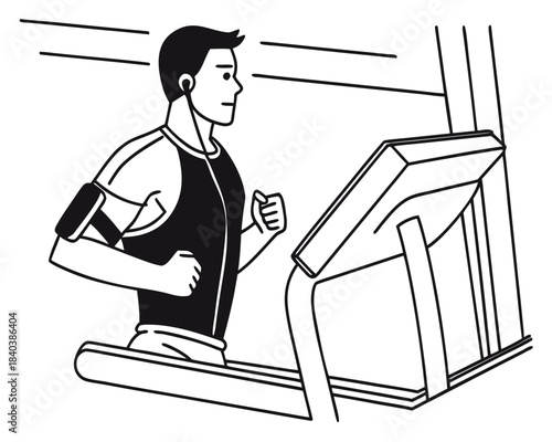 Black and White Line Art Illustration of a Man Running on a Treadmill at a Gym, Wearing Earphones and an Armband