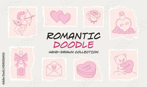 Valentine's Day paper love vector sticker set with torn textures,cut-and-tear edges, doodle style, filled with hand-drawn romantic elements, perfect for festive scrapbook design.Creative pink concept.