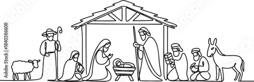Continuous one line drawing of christian christmas nativity scene holy family and baby jesus manger