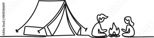 Continuous one line drawing of people camping campfire tent adventure nature outdoor activity