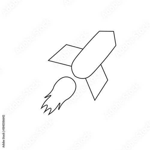 Simple black outline drawing of a cartoon rocket launching. Minimalist vector illustration of a spaceship or missile with flame for startup, progress, and science concepts