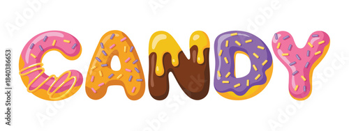 Donut cartoon in bold font style surrounded by candy and biscuit elements, fun vector illustration