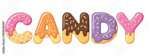 Donut cartoon in bold font style surrounded by candy and biscuit elements, fun vector illustration