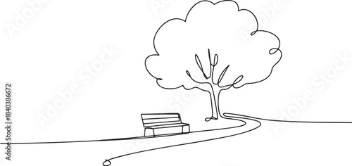 Continuous single line drawing of public park scene featuring a lonely tree wooden bench and winding pathway