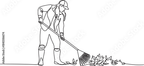 Continuous single line drawing of woman raking autumn leaves in garden yard cleanup activity