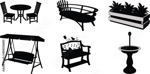 Silhouettes of garden and patio furniture set, including table, chairs, sun lounger, swing, decorative bench, planter, and bird bath, isolated on white background.