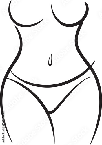 Minimalist continuous line drawing of beautiful feminine body shape wearing underwear showing waist and hips