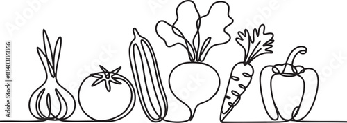 One continuous line drawing of various healthy raw vegetables including garlic tomato cucumber beet carrot and pepper