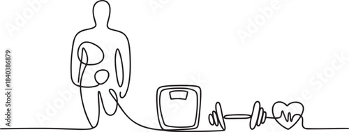 One continuous line drawing young muscular man standing near weight scale dumbbell and heart shape minimal health theme concept