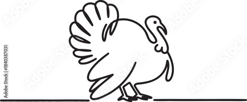 Turkey bird single continuous line drawing style traditional thanksgiving holiday dinner symbol black isolated vector illustration