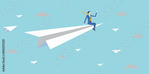 A businessman rides a paper airplane through a blue sky with clouds