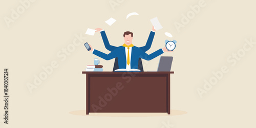 Overwhelmed businessman juggling multiple tasks at a messy office workspace