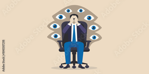 Man seated in chair with multiple eyes surrounding his head