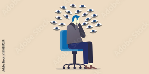 A person overwhelmed by scrutiny surrounded by numerous watchful eyes