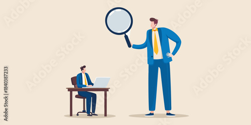 A large man with a magnifying glass observing a smaller man at a desk