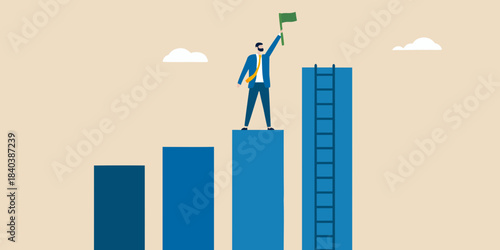 Businessman reaching the top of a graph raising a flag in success