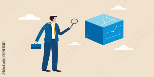 Business professional examining a glowing cube with data charts inside