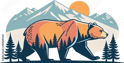 Bold Flat Design Grizzly Bear Icon Vector