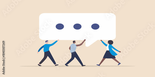 Three people supporting a speech bubble with ellipsis symbols