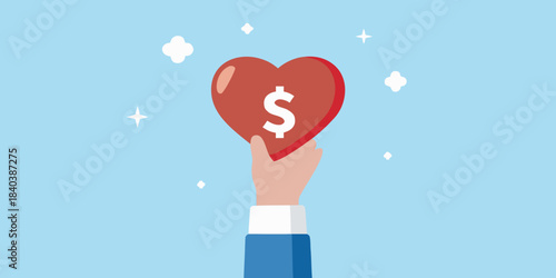A hand holding a red heart with a dollar sign inside it