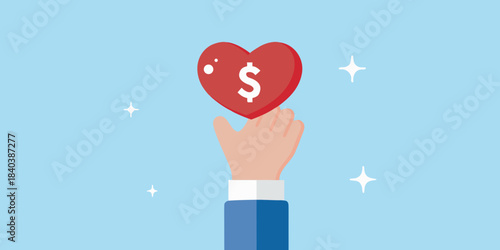 A hand offering a red heart with a dollar sign inside