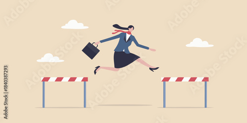 Businesswoman confidently leaping over obstacles demonstrating resilience and career advancement