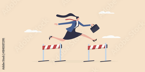 A businesswoman successfully leaping over barriers symbolizing overcoming challenges