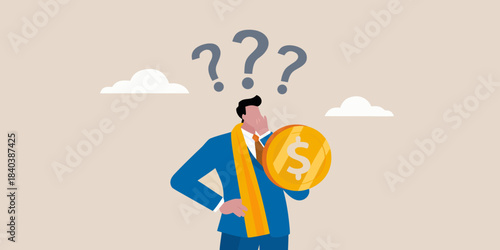 A businessman pondering questions about finances and uncertain future prospects