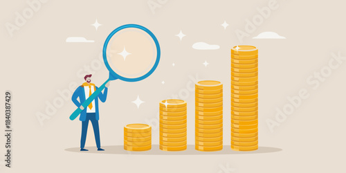 A man examining growing gold coin stacks with a magnifying glass