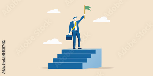 A businessman celebrates success atop a staircase raising a green flag