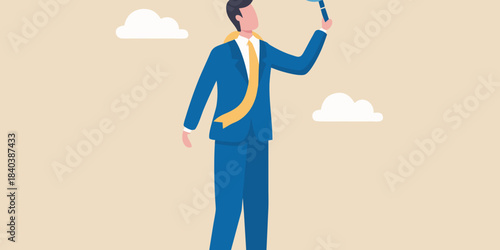 A businessman painting with a brush against a soft cloudy backdrop