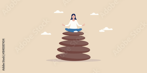 Woman meditating serenely atop a balanced stack of stones in the clouds