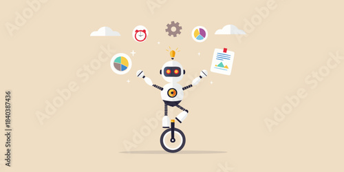 A robotic figure balances data and concepts on a unicycle illustrating automation