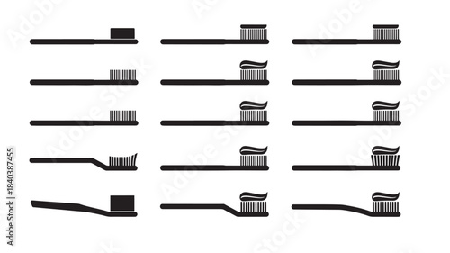a collection of black toothbrush silhouettes arranged in a grid pattern showcasing dental hygiene items on transparent background silhouette high quality professional detailed modern elegant stylish
