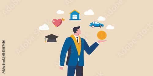 A man balancing symbols of life goals house car education love and wealth