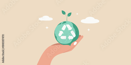 A hand holding a green egg with a recycling symbol and sprouting leaves