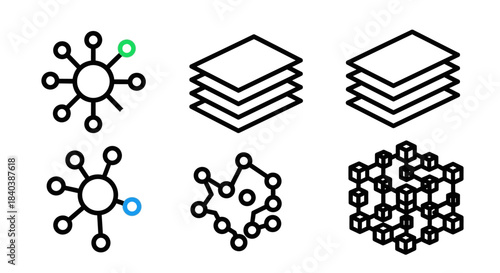 Diverse Abstract Icons Representing Networks, Layers, and Interconnected Structures.