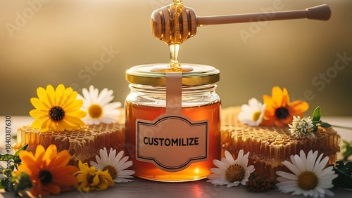 Wallpaper Mural Golden Honey Jar with Honey Dipper and Floral Decorations. Torontodigital.ca