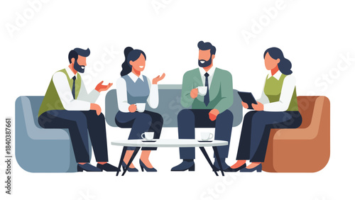Business professionals having a discussion while drinking coffee in a relaxed office setting