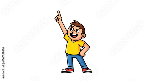 Animated young boy with a cheerful smile, enthusiastically pointing his finger upwards, symbolizing a moment of bright inspiration, discovery, or a positive new direction