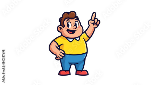 A cartoon illustration of a chubby, smiling boy pointing his finger upwards in a pose of inspiration or discovery, suitable for educational or cheerful content