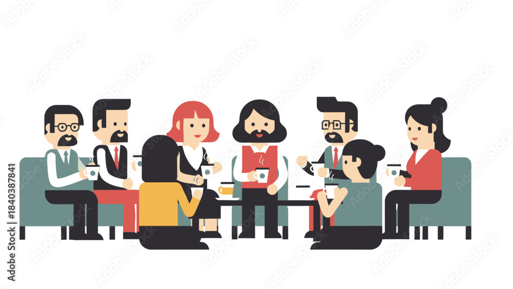 Obraz premium Diverse Group of Professionals Engaged in Casual Discussion Over Coffee, Fostering Collaboration and Community Spirit in a Relaxed Setting