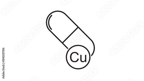 A simple line art depiction of a capsule pill with a circular element containing cu on transparent background silhouette high quality professional detailed modern elegant stylish