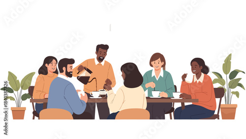 Diverse group of individuals sharing coffee and conversation, fostering connection, collaboration, and a sense of community