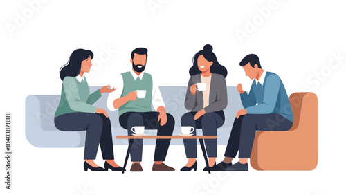 Diverse group of colleagues engaged in a lively discussion during a coffee break, fostering collaboration and connection in a relaxed office environment
