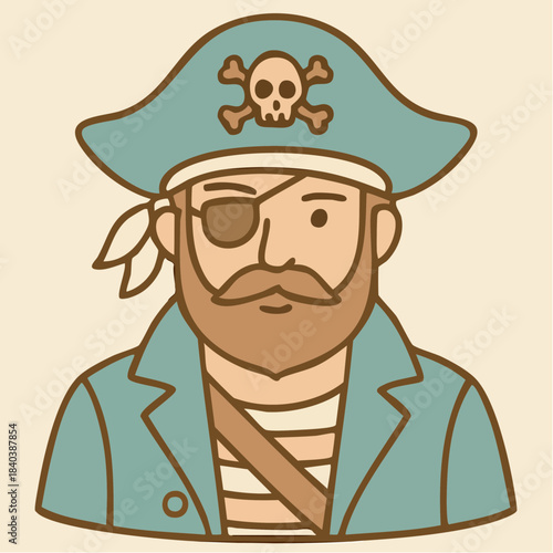 Cartoon Pirate Character with Eye Patch and Skull Hat Vector