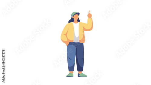 Modern flat illustration of a young woman in casual wear pointing upwards, symbolizing a new idea, future direction, or significant solution
