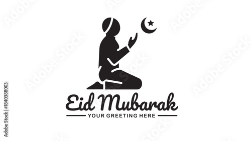 a beautiful eid mubarak graphic featuring a praying person crescent moon and elegant text on transparent background silhouette high quality professional detailed modern stylish clean crisp